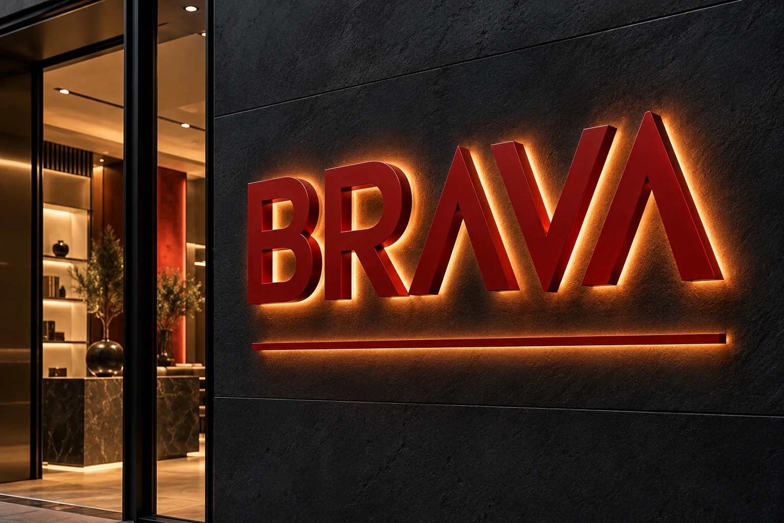 Propuesta ilustrativa de cartelería corpórea BRAVA con iluminación cálida