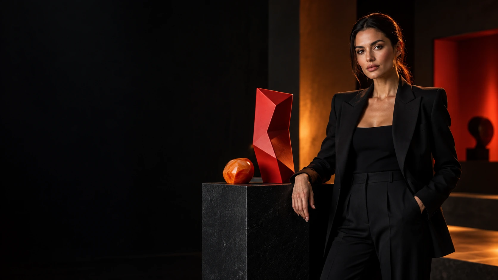 Imagen de campaña: una mujer con actitud y objetos escultóricos en rojo y naranja